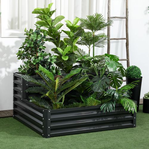Outsunny 2 Tier Galvanised Raised Garden Bed Planter Box Open Bottom Dark Grey - Raised Beds from Outsunny