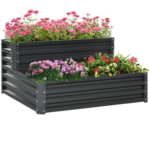 Outsunny 2 Tier Galvanised Raised Garden Bed Planter Box Open Bottom Dark Grey by Outsunny