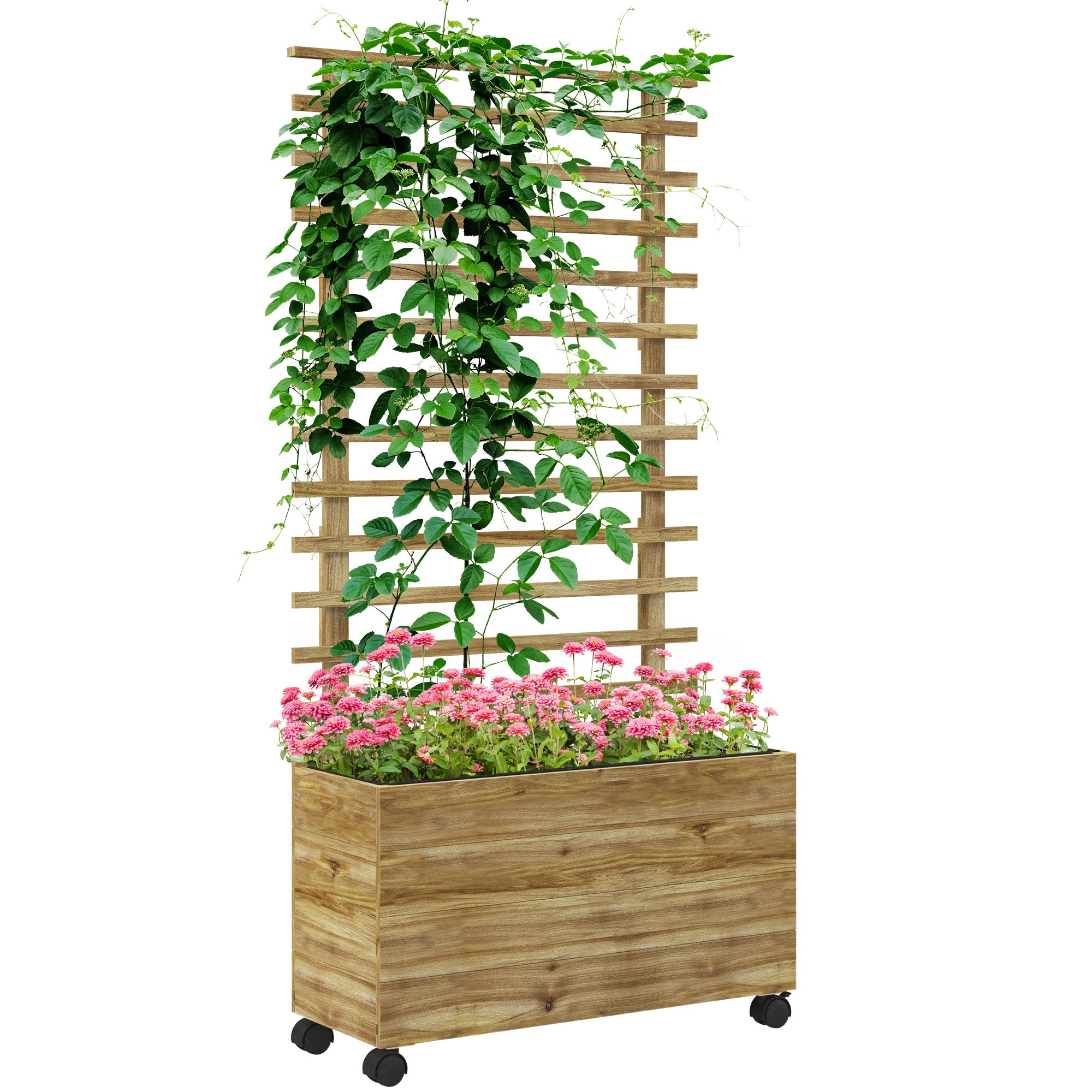 Outsunny Garden Wooden Trellis Planter Box Raised Bed w/ 4 Wheels, Natural - Raised Beds from Outsunny
