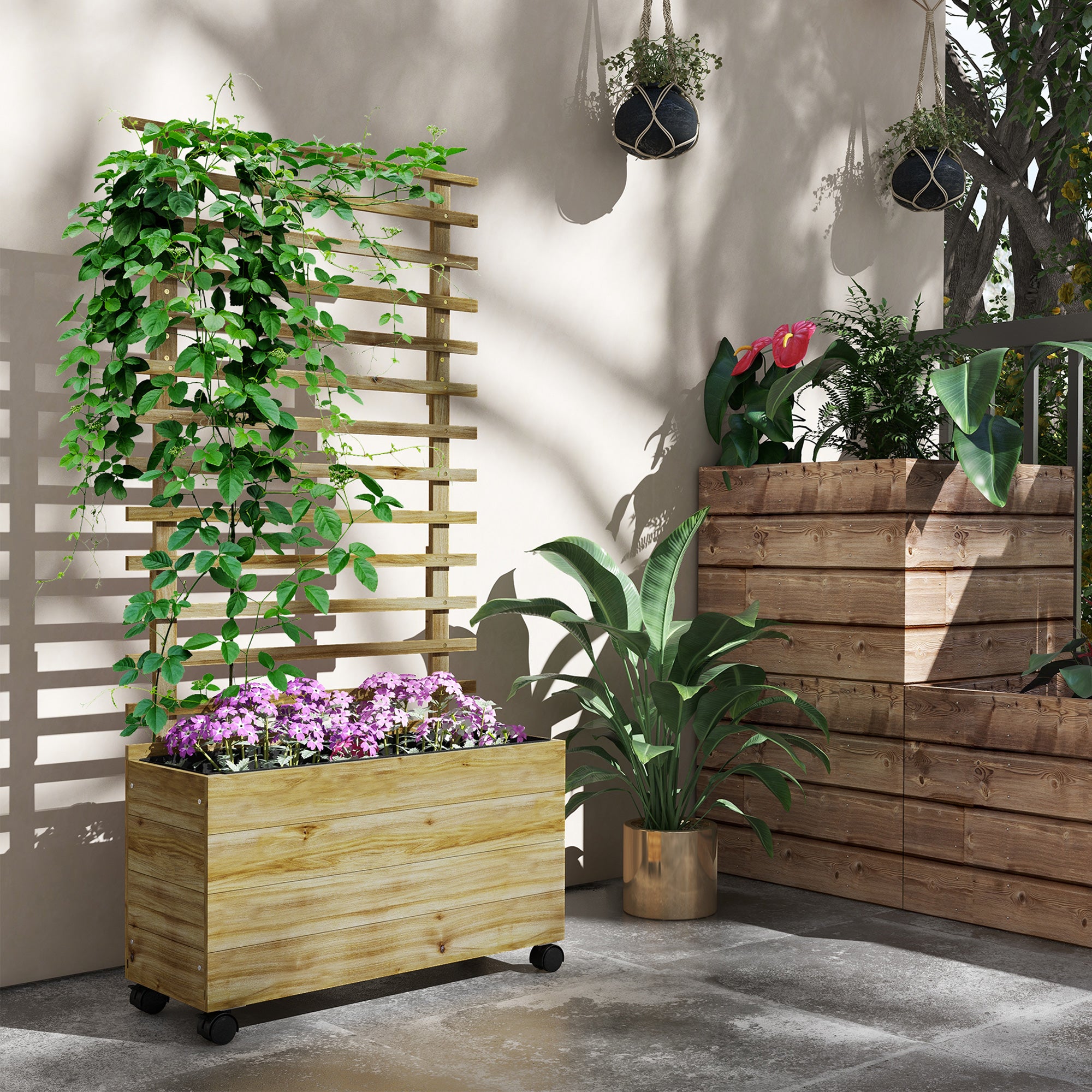 Outsunny Garden Wooden Trellis Planter Box Raised Bed w/ 4 Wheels, Natural - Raised Beds from Outsunny