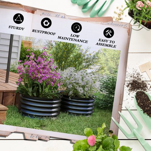 Outsunny Set of 2 Raised Garden Bed Metal Planter Box with Safety Edging, Grey - Raised Beds from Outsunny