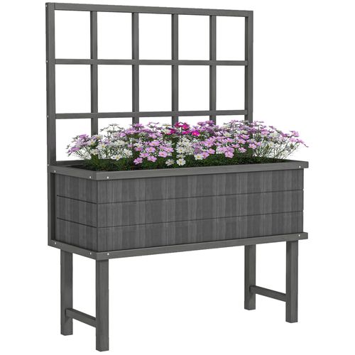 Outsunny Wood Raised Planter w/ Trellis Drain Holes Elevated Garden Bed Grey - Home Symphony