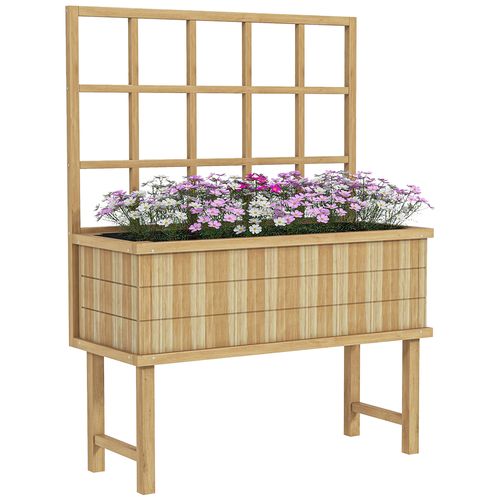 Outsunny Wood Raised Planter w/ Trellis Drain Holes Elevated Garden Bed Natural - Home Symphony