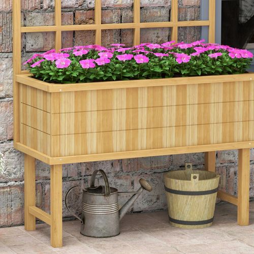 Outsunny Wood Raised Planter w/ Trellis Drain Holes Elevated Garden Bed Natural - Home Symphony