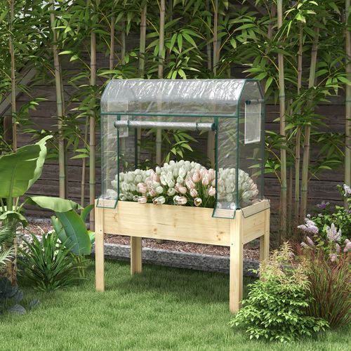 Outsunny Wooden Raised Planter, Garden Bed with Greenhouse Cover and Bed Liner - Home Symphony