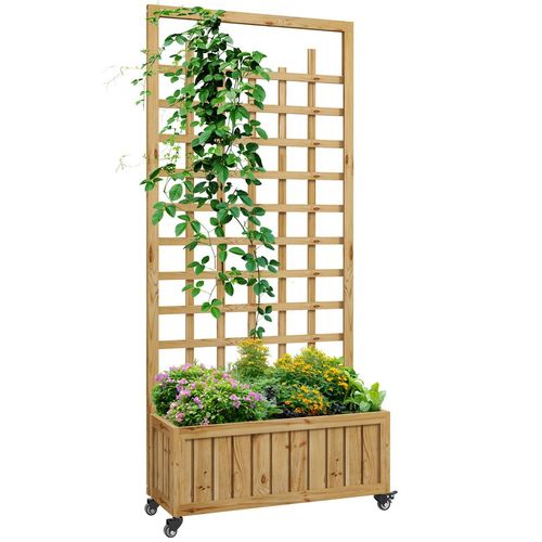 Outsunny Wooden Trellis Planter, Raised Garden Bed with Wheels and Bed Liner - Home Symphony