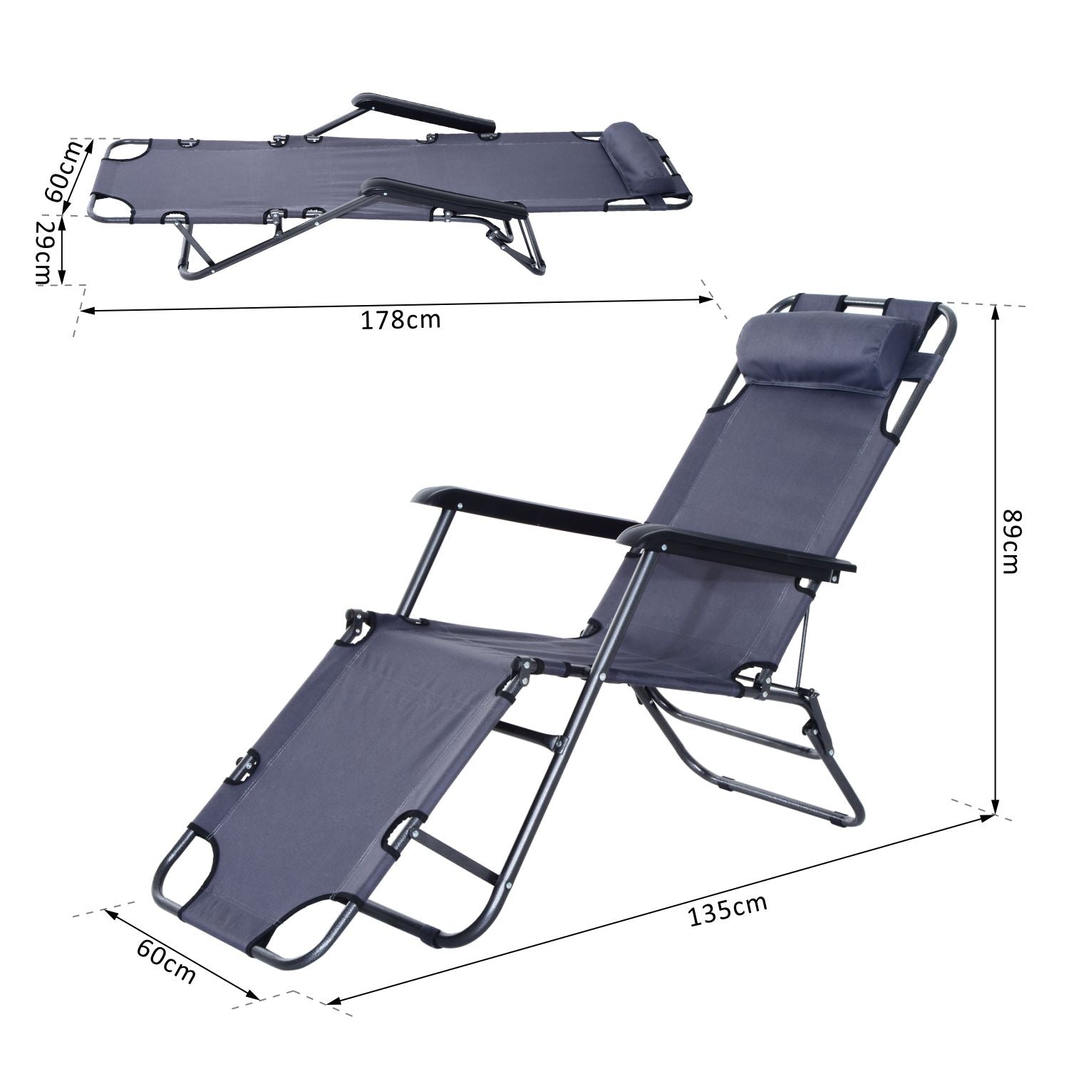 2 in 1 Sun Lounger Folding Reclining Chair Camping Adjustable Back & Pillow - Sun Lounger from Outsunny