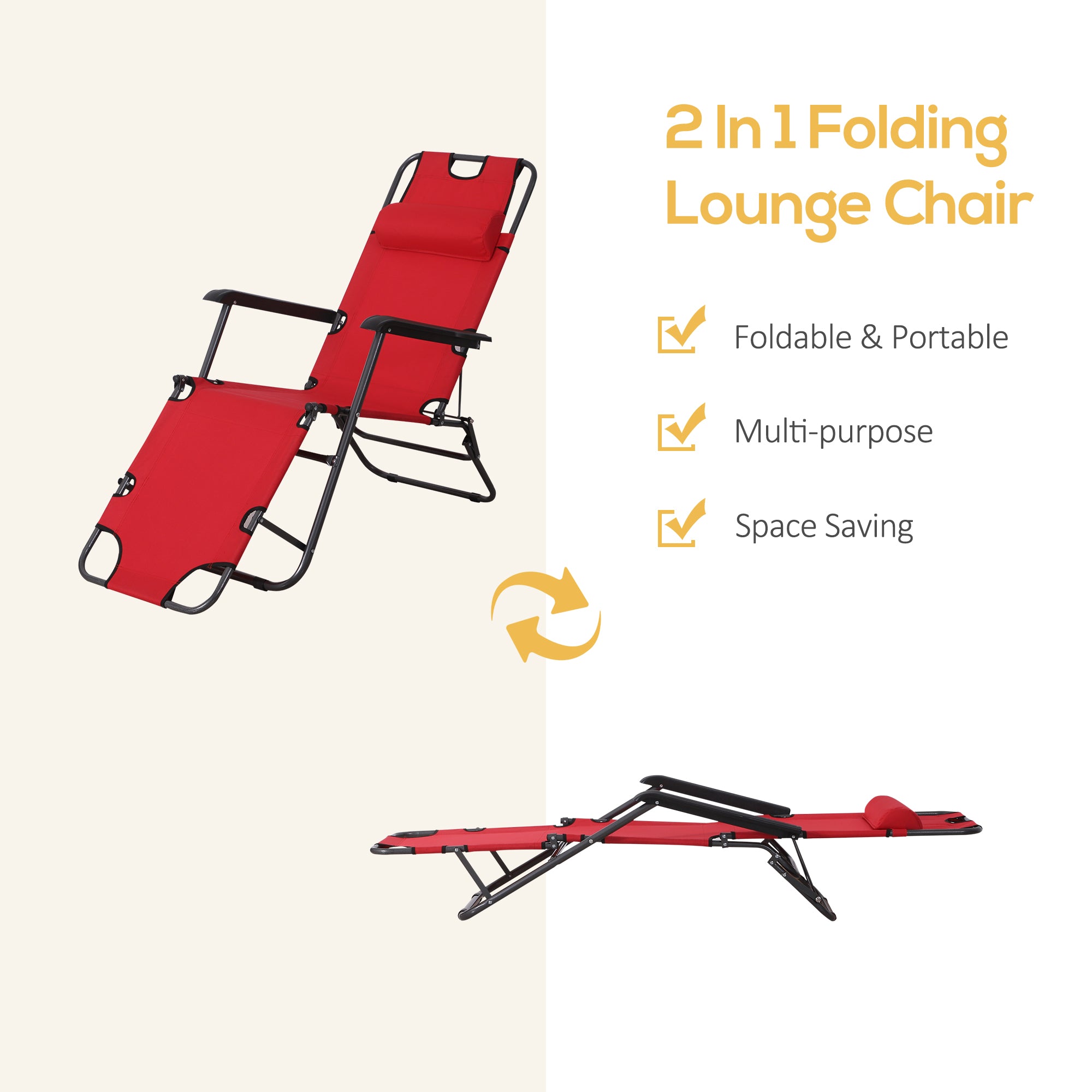 2 in 1 Sun Lounger Folding Reclining Chair Camping Adjustable Back & Pillow - Sun Lounger from Outsunny
