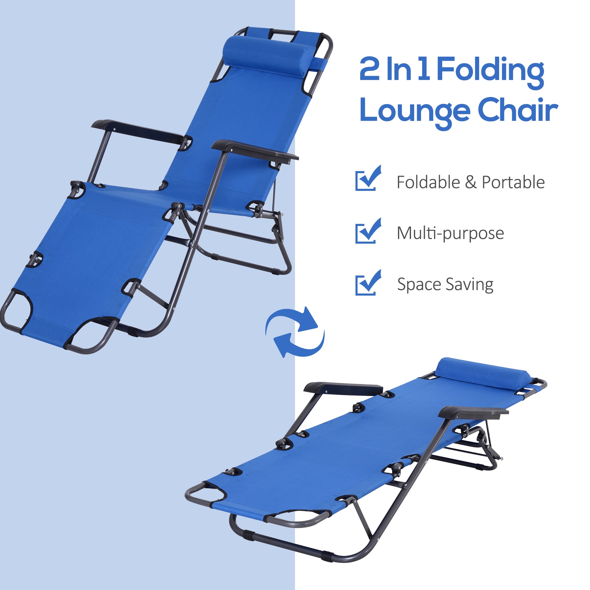 2 in 1 Sun Lounger Folding Reclining Chair Camping Adjustable Back & Pillow - Sun Lounger from Outsunny