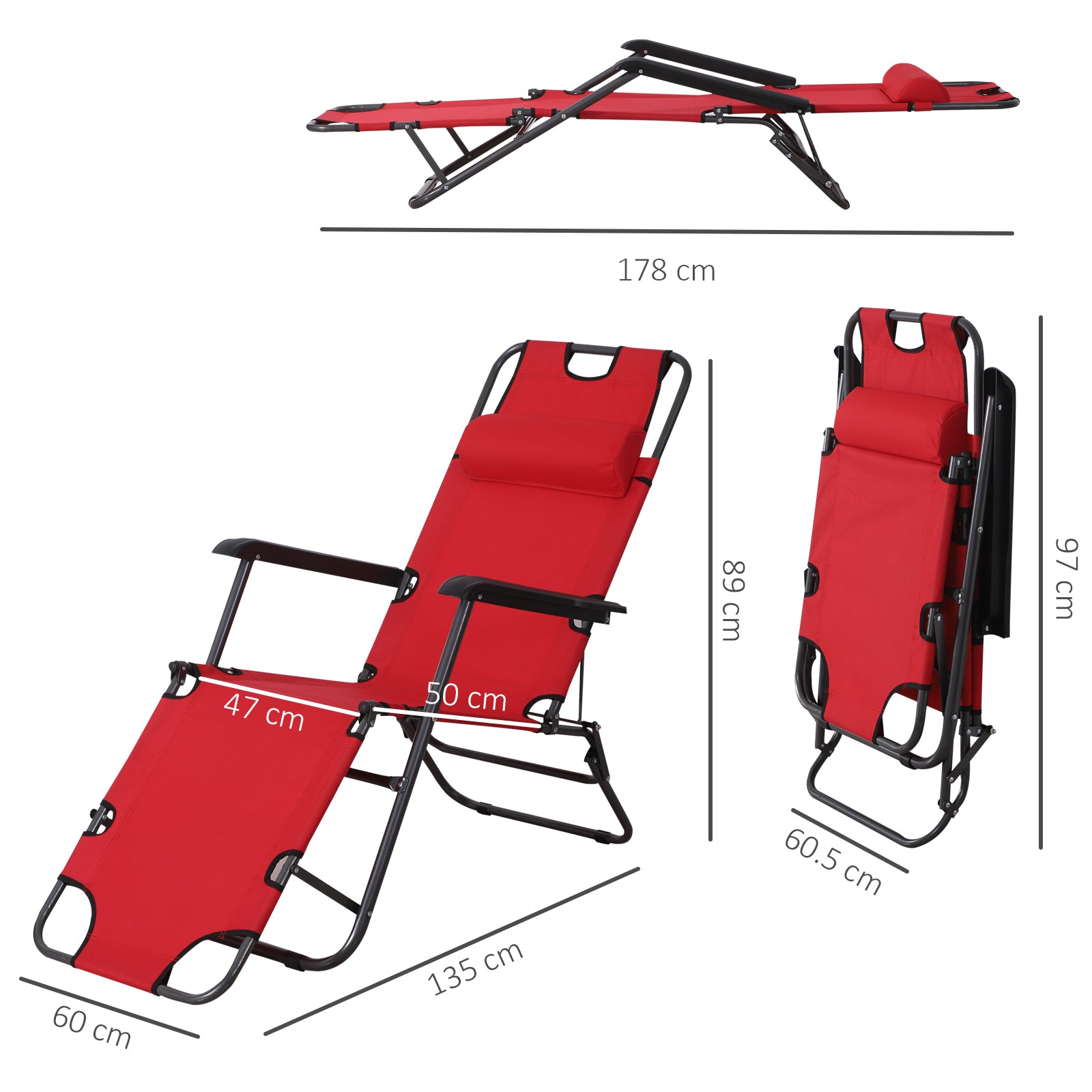 2 in 1 Sun Lounger Folding Reclining Chair Camping Adjustable Back & Pillow - Sun Lounger from Outsunny