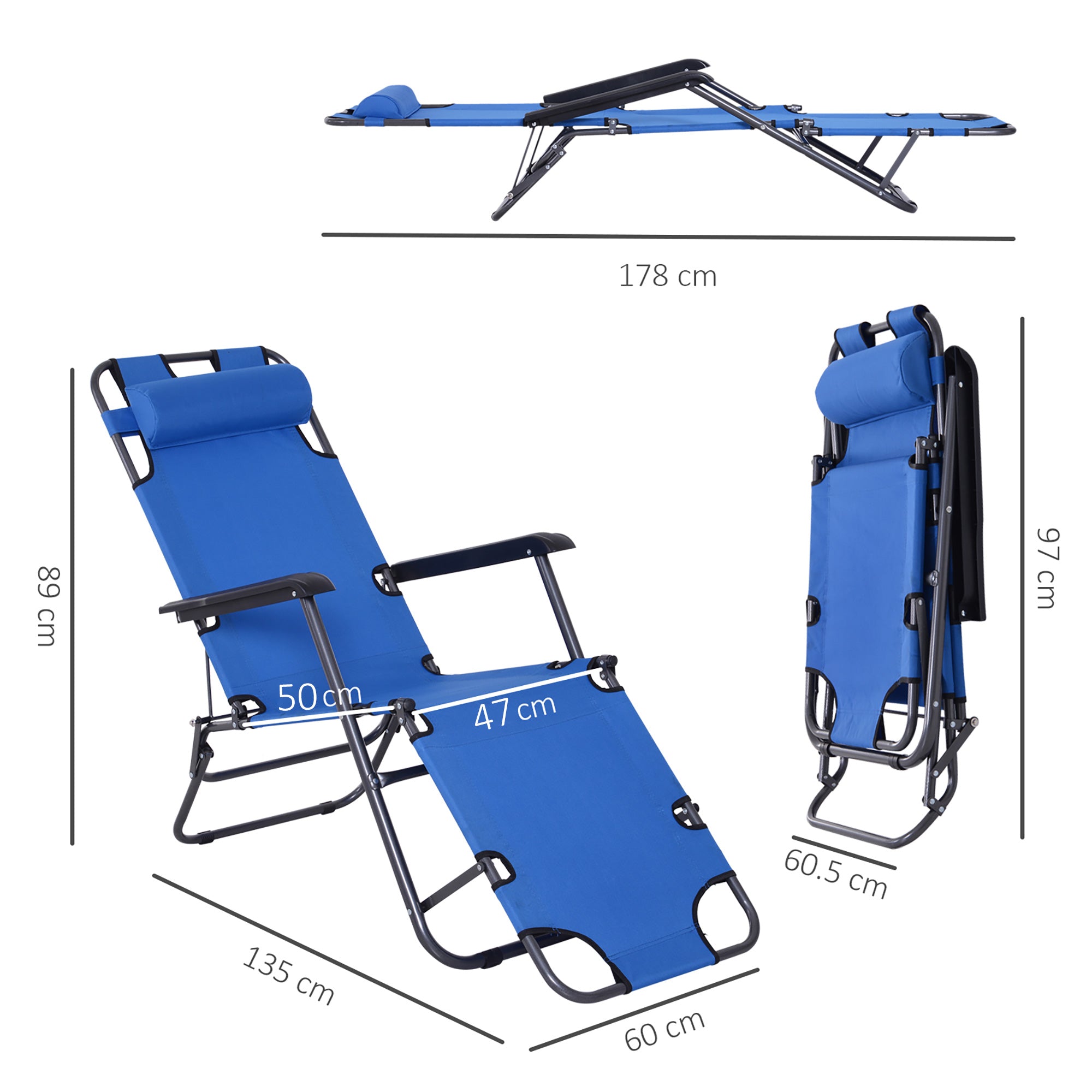 2 in 1 Sun Lounger Folding Reclining Chair Camping Adjustable Back & Pillow - Sun Lounger from Outsunny