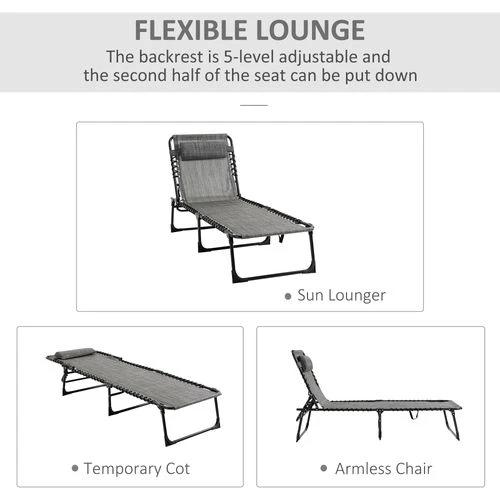 Outsunny Portable Sun Lounger, Folding Camping Adjustable , Pillow Grey - Sun Lounger