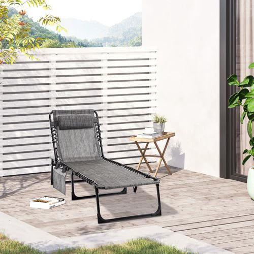 Outsunny Portable Sun Lounger, Folding Camping Adjustable , Pillow Grey - Sun Lounger
