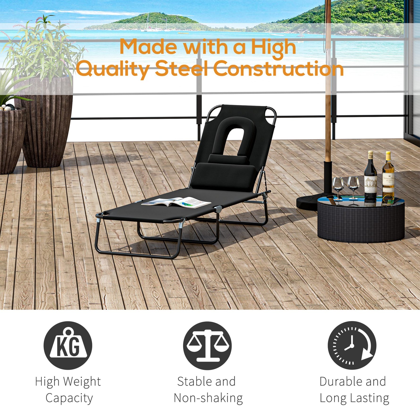 Folding Sun Lounger Reclining Chair w/ Pillow Reading Hole - Sun Lounger from Outsunny