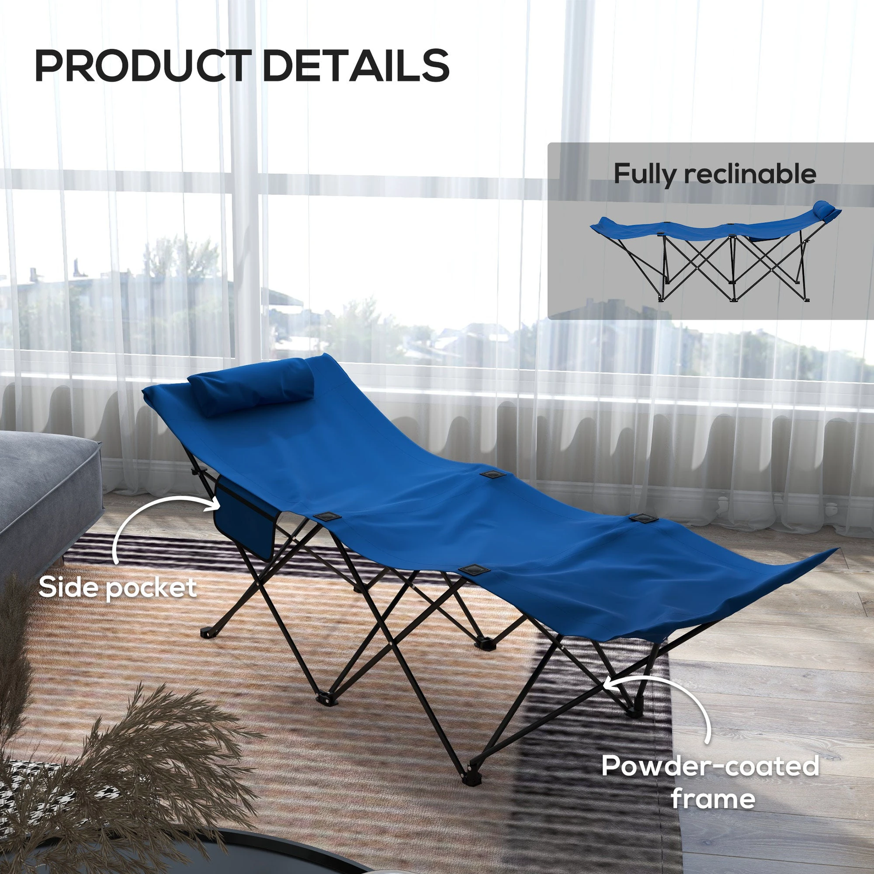 Outsunny Outsunny Foldable Sun Lounger w/ Side Pocket, Oxford Headrest Sun Lounger, Grey - Sun Lounger