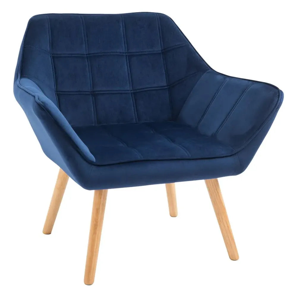 Luxe Velvet-Feel Accent Chair w/ Wide Arms Slanted Back Padding Wood Legs Blue - Accent Chair from Unbranded