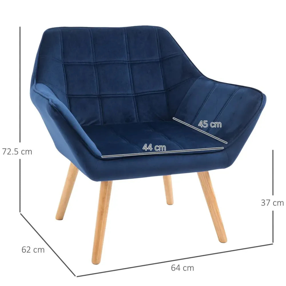 Luxe Velvet-Feel Accent Chair w/ Wide Arms Slanted Back Padding Wood Legs Blue - Accent Chair from Unbranded