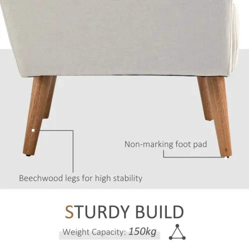 Unbranded Nordic Armchair Linen-Touch Sofa Chair with Cushioned Pillow & Wood Legs Cream - Armchair