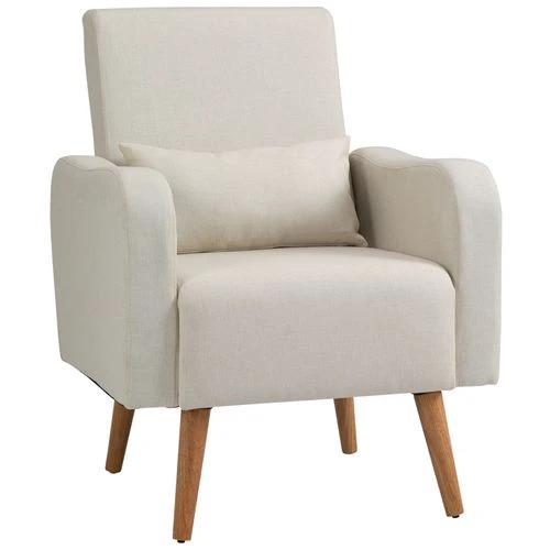 Unbranded Nordic Armchair Linen-Touch Sofa Chair with Cushioned Pillow & Wood Legs Cream - Armchair