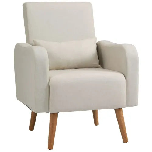 Nordic Armchair Linen-Touch Sofa Chair with Cushioned Pillow & Wood Legs Cream - Armchair from Unbranded