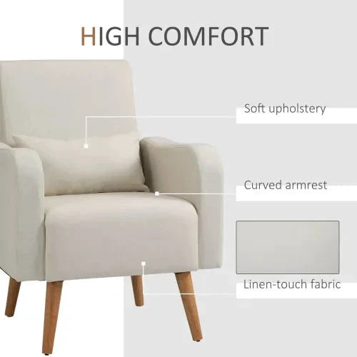 Unbranded Nordic Armchair Linen-Touch Sofa Chair with Cushioned Pillow & Wood Legs Cream - Armchair