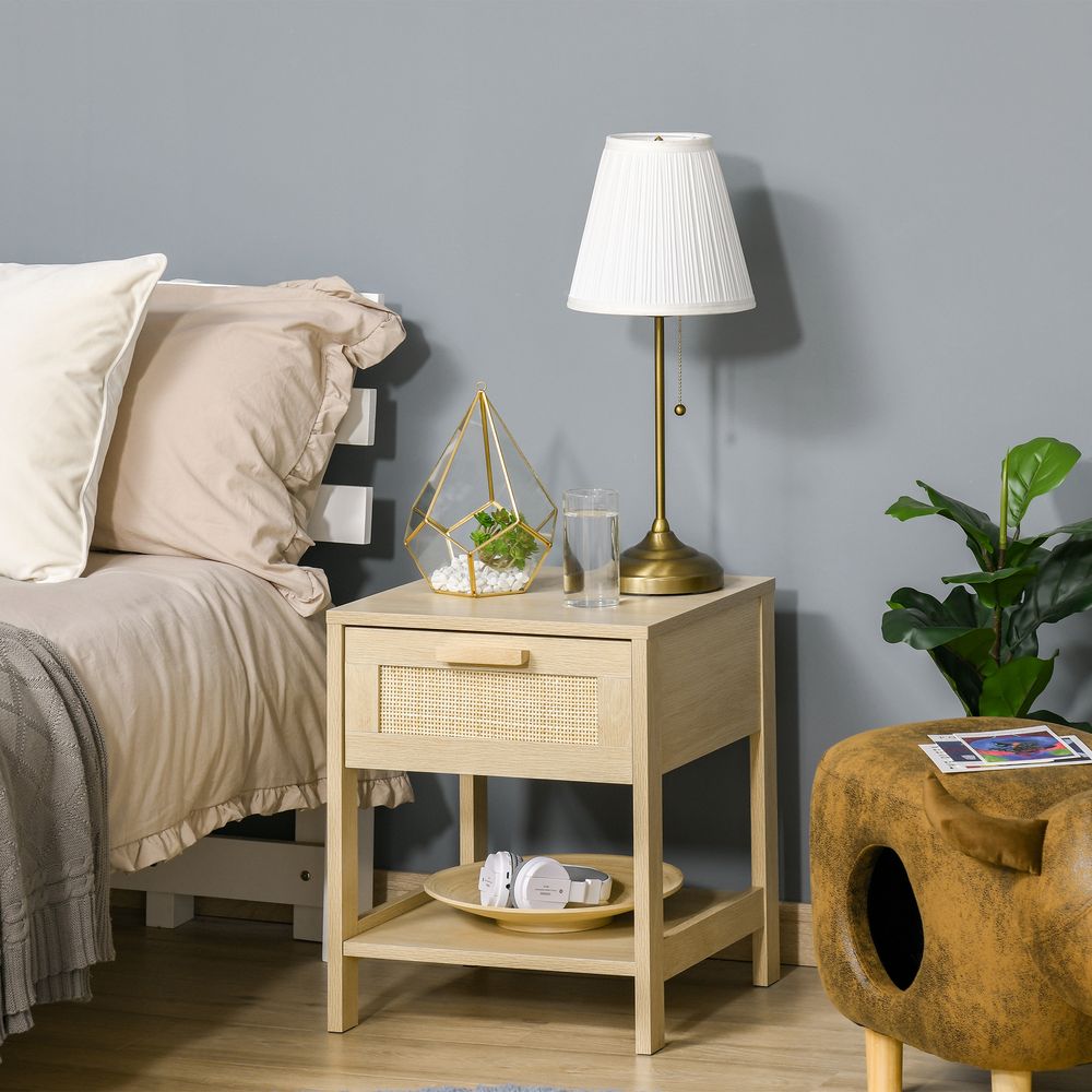 Bedside Table Nightstand W/ Rattan Drawer Storage Shelf Bedroom Living Room - Bedside Table from Unbranded