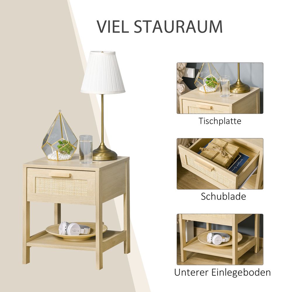 Bedside Table Nightstand W/ Rattan Drawer Storage Shelf Bedroom Living Room - Bedside Table from Unbranded