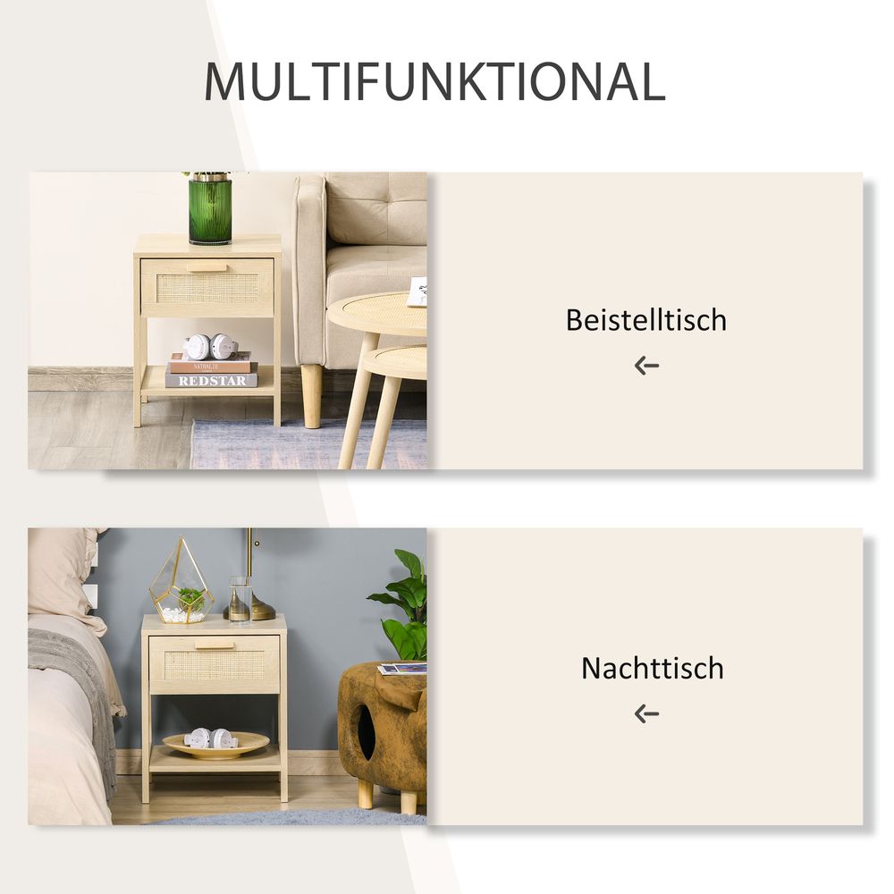 Bedside Table Nightstand W/ Rattan Drawer Storage Shelf Bedroom Living Room - Bedside Table from Unbranded
