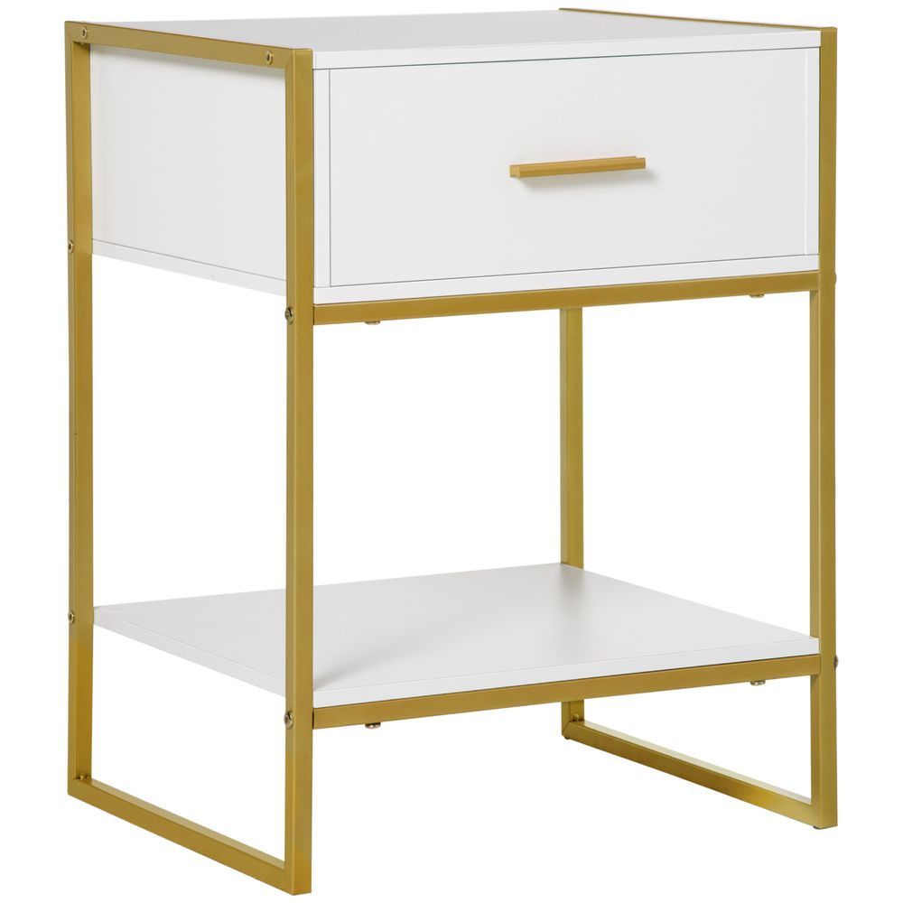 Modern Bedside Table Side Table Nightstand w/ Drawer Shelf White Gold - Bedside Table from Unbranded