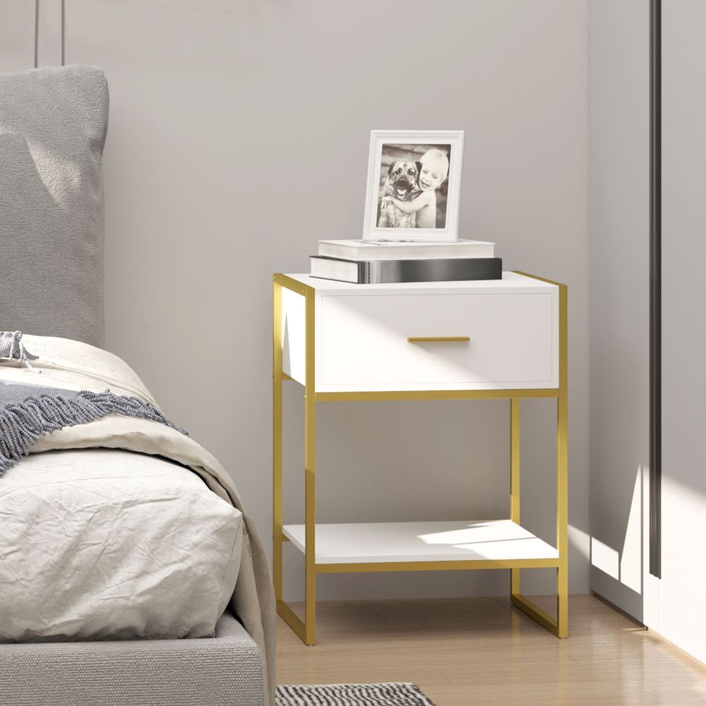 Modern Bedside Table Side Table Nightstand w/ Drawer Shelf White Gold - Bedside Table from Unbranded