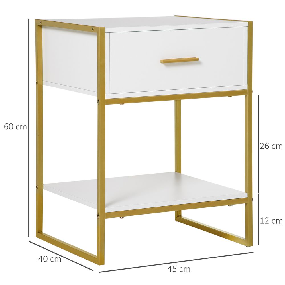 Modern Bedside Table Side Table Nightstand w/ Drawer Shelf White Gold - Bedside Table from Unbranded
