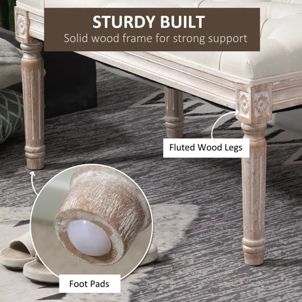 Accent Bench Tufted Upholstered Foot Stool Linen-Touch Fabric Ottoman Beige by Unbranded