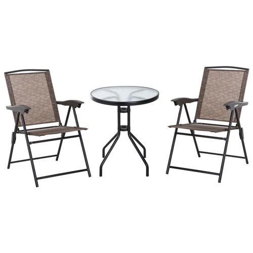 3 PCS Patio Furniture Bistro Set with Folding Chairs Tempered Glass Table Brown by Unbranded