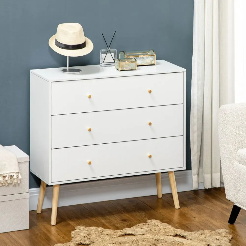 Chest of Drawers 3-Drawer Dresser Storage Organiser with Wood Legs, White - Chest of Drawers from Unbranded