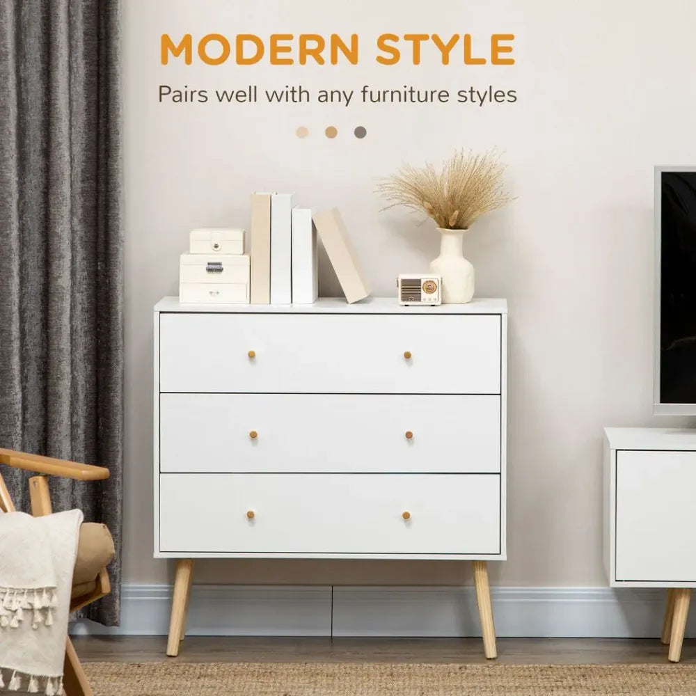 Chest of Drawers 3-Drawer Dresser Storage Organiser with Wood Legs, White - Chest of Drawers from Unbranded