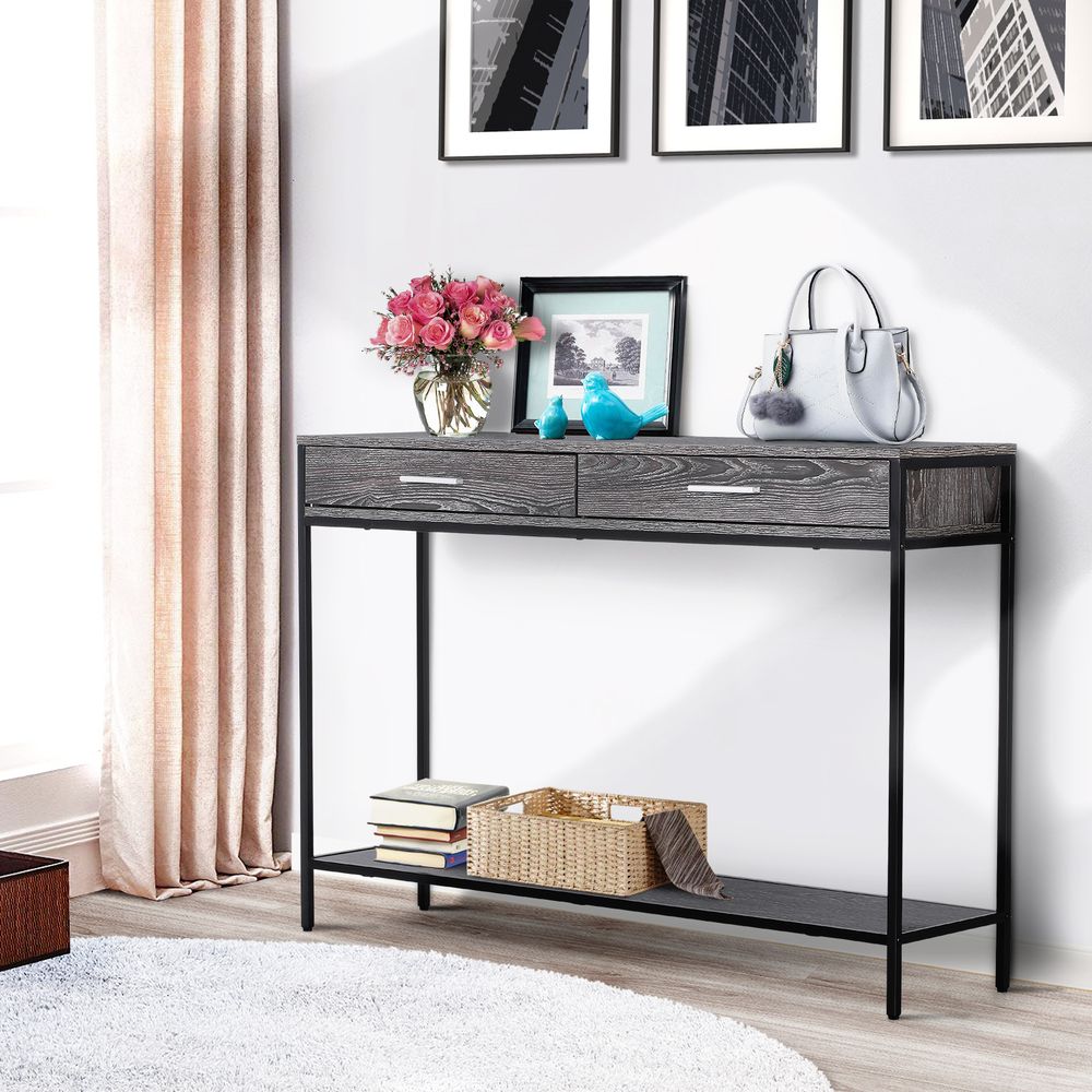Console Table Worktop Bottom Shelf 2 Drawer Industrial Minimal Grey - Console Table from Unbranded
