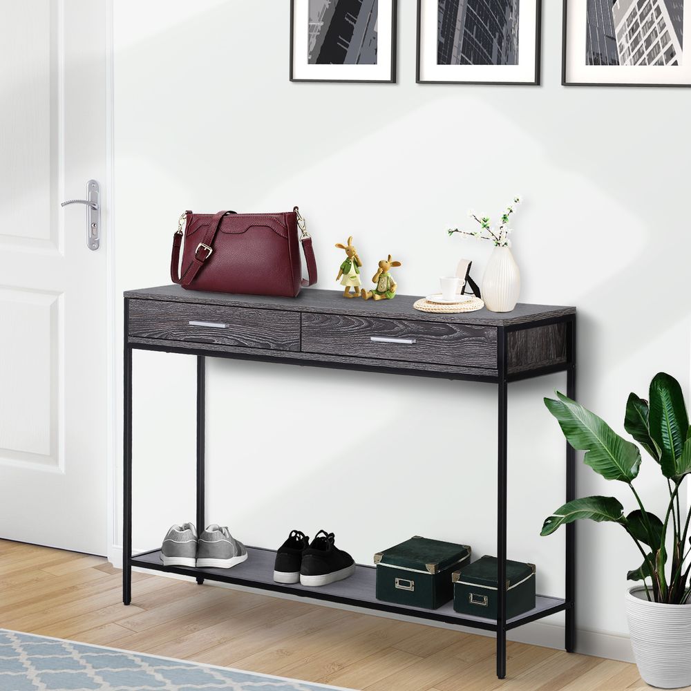 Console Table Worktop Bottom Shelf 2 Drawer Industrial Minimal Grey - Console Table from Unbranded