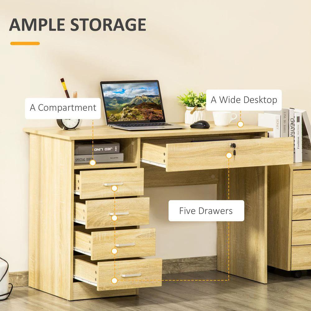 Unbranded Computer Desk Writing Desk with Five Drawers for Home Office Oak - Desks Desk