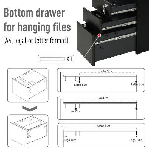 Unbranded 3 Draw Metal Filing Cabinet Lockable 4 Wheel Compact Under Desk Black Vinsetto - Filing Cabinet