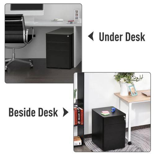3 Draw Metal Filing Cabinet Lockable 4 Wheel Compact Under Desk Black Vinsetto by Unbranded