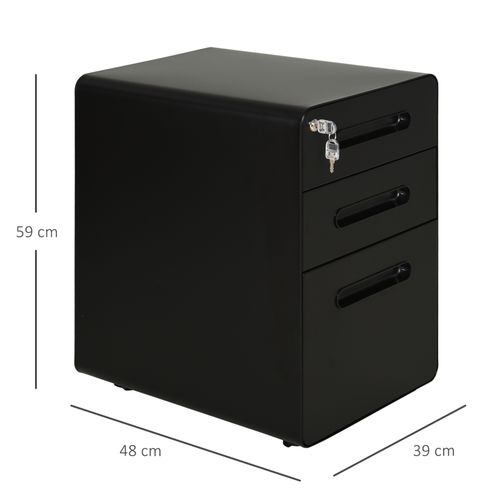 3 Draw Modern Steel Filing Cabinet w/ 4 Wheels Lock Pencil Box Black Vinsetto - Filing Cabinet from Unbranded