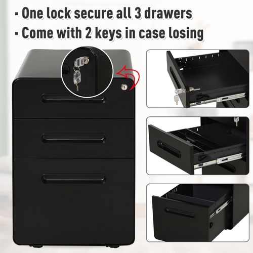3 Draw Modern Steel Filing Cabinet w/ 4 Wheels Lock Pencil Box Black Vinsetto - Filing Cabinet from Unbranded