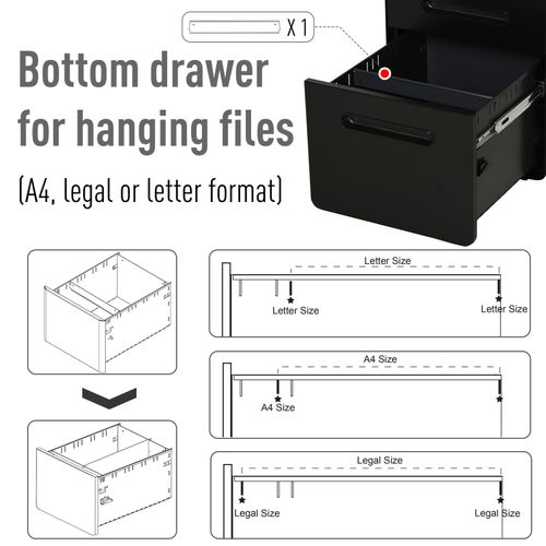 3 Draw Modern Steel Filing Cabinet w/ 4 Wheels Lock Pencil Box Black Vinsetto - Filing Cabinet from Unbranded