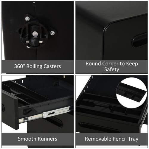 3 Draw Modern Steel Filing Cabinet w/ 4 Wheels Lock Pencil Box Black Vinsetto - Filing Cabinet from Unbranded