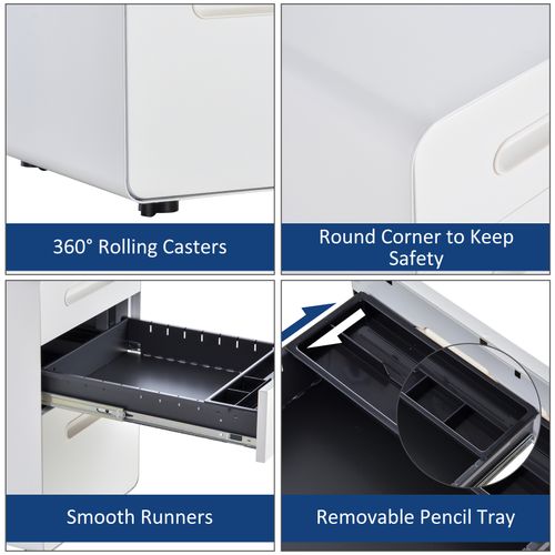 3 Draw Modern Steel Filing Cabinet w/ 4 Wheels Lock Pencil Box White Vinsetto - Filing Cabinet from Unbranded