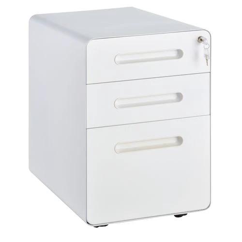 3 Draw Modern Steel Filing Cabinet w/ 4 Wheels Lock Pencil Box White Vinsetto by Unbranded