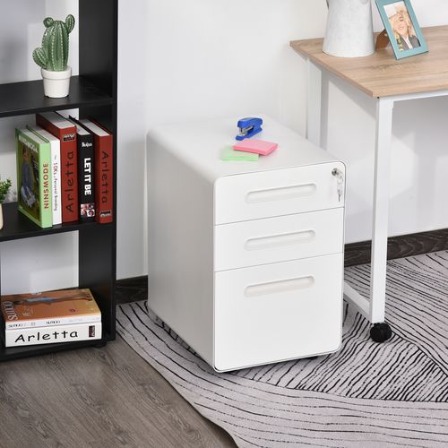 3 Draw Modern Steel Filing Cabinet w/ 4 Wheels Lock Pencil Box White Vinsetto - Filing Cabinet from Unbranded