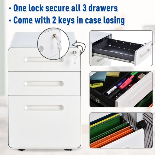 3 Draw Modern Steel Filing Cabinet w/ 4 Wheels Lock Pencil Box White Vinsetto - Filing Cabinet from Unbranded