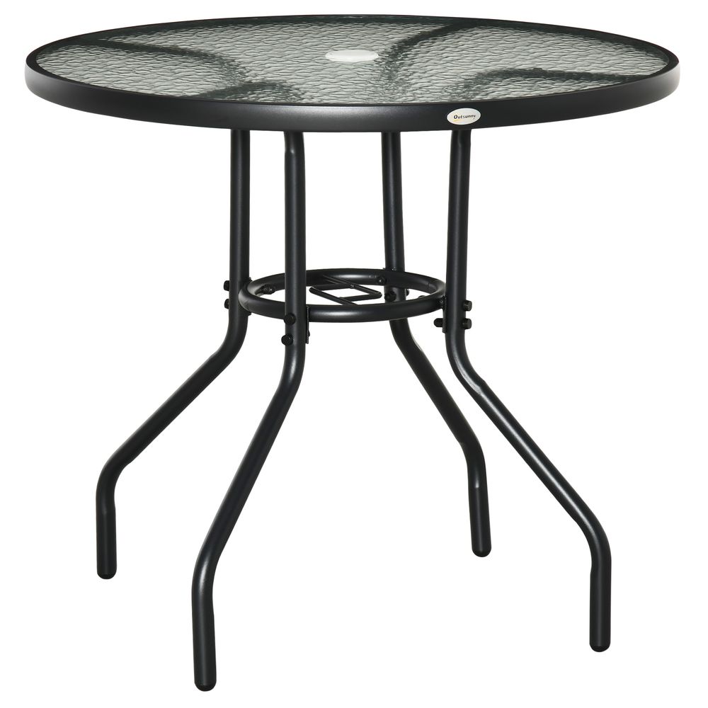 Outdoor Round Dining Table Tempered Glass Top Steel w/ Parasol Hole 80cm - Garden Table from Unbranded