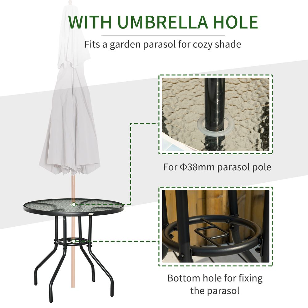 Outdoor Round Dining Table Tempered Glass Top Steel w/ Parasol Hole 80cm - Garden Table from Unbranded